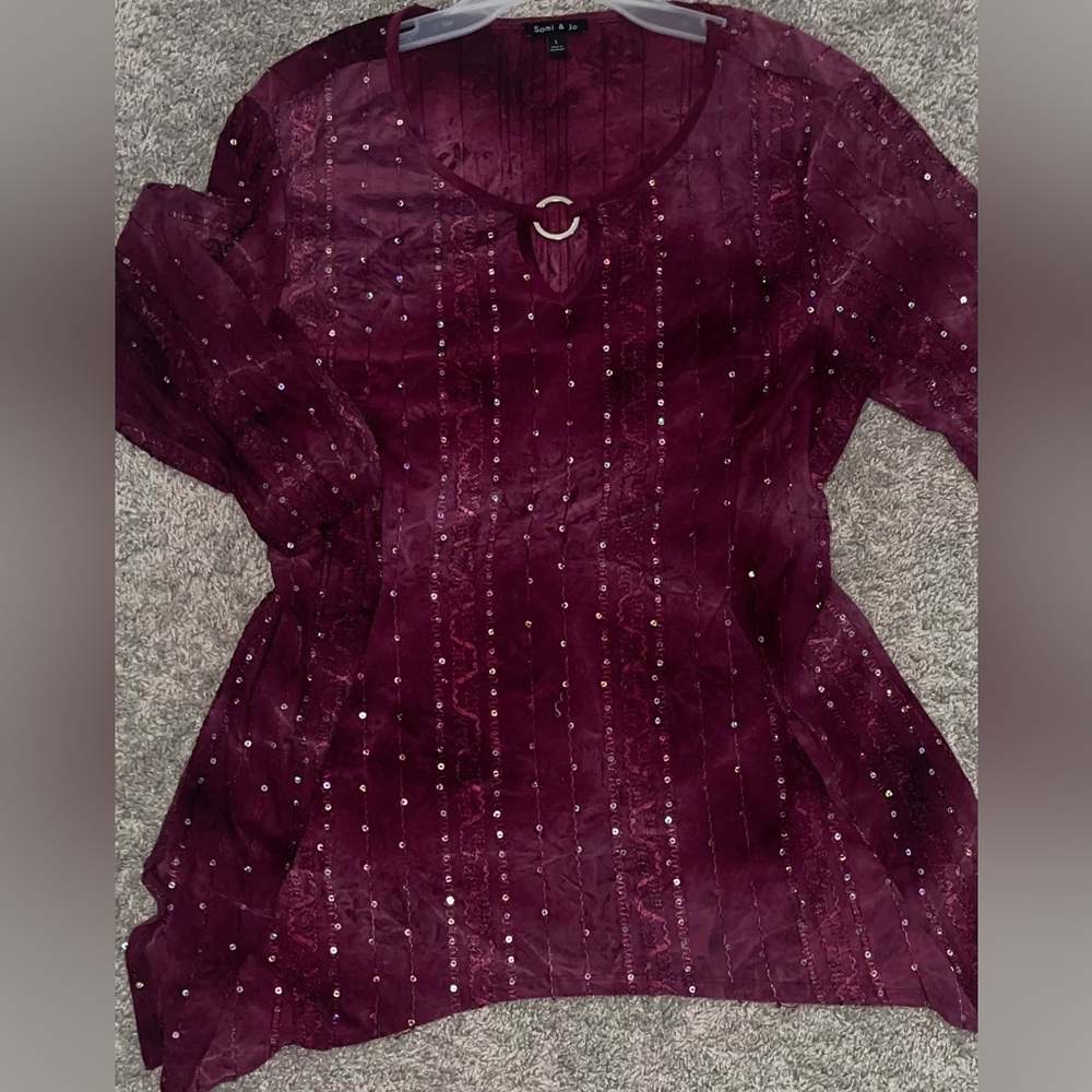 Sami & Jo - Purple Asymmetrical Embellished Blouse with Silver circle @ neckline